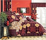 Unique Bedding Comforter - Asian Design Red Lotus & Key Bed in Bag Set - (Full, Queen, or King)