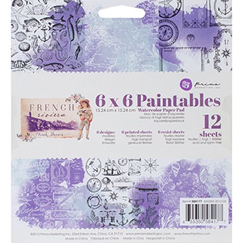 Prima Marketing 584177 French Riviera Paintable Watercolor Paper Pad (12 Pack), 6" by 6", Multicolor