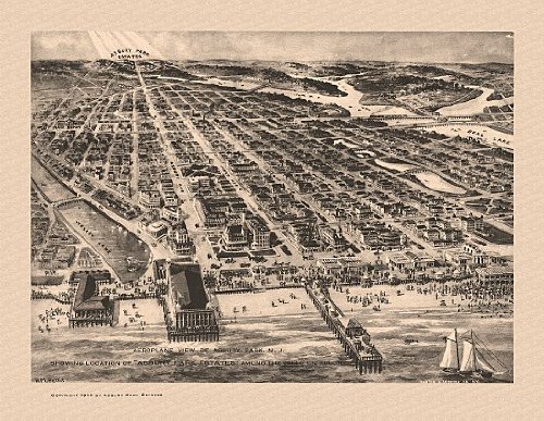Historic Maps - Asbury Park Bird's Eye View Map 1910 New Jersey - Monmouth County - Aeroplane view of Asbury Park, N.J. 1910 36x54