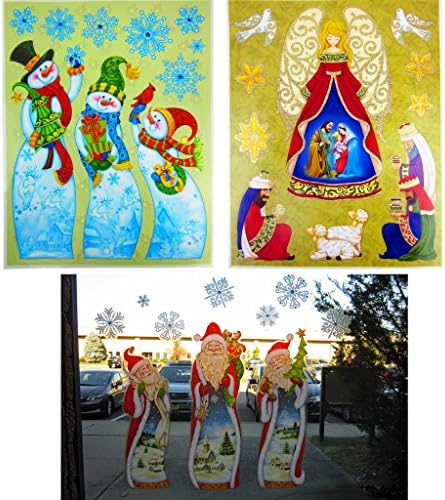Christmas Window Clings Decals- Set of 3 Assorted Styles with Glitter Design- Holiday Decorations