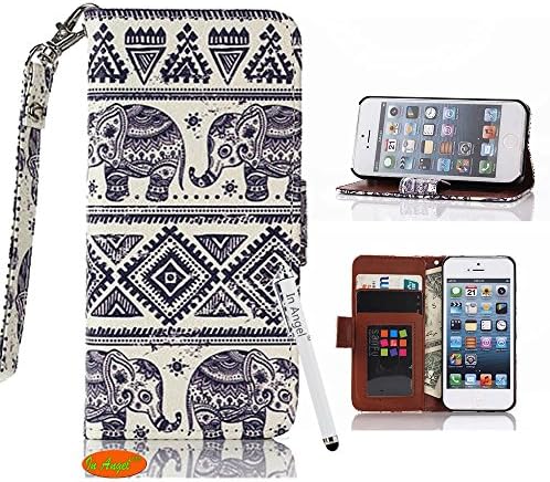 Iphone 5s Case,5s Case,In Angel Sling Flip Stand Pu Leather Wallet Case Blue Elephant Pattern Card Slot Photo Window Protective Cover For Iphone 5s
