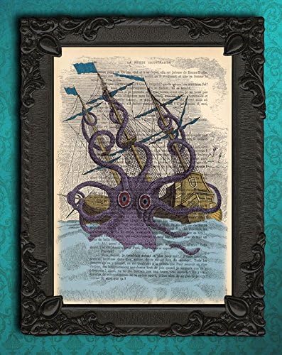 Giant Squid Print Art Painting 7.67x11.61in/19.5x29.5cm-Giant Squid Attacks Pirate Ship Nautical Art Print Illustration