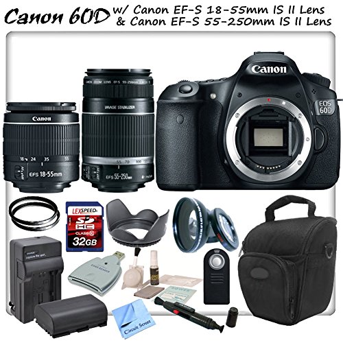 Canon EOS 60D Digital SLR with Canon EF-S 18-55mm f/3.5-5.6 IS II Lens & Canon EF-S 55-250mm f/4.0-5.6 IS II Lens & CS Sports Package: Includes High Definition Wide Angle/Macro Lens, 2 UV Filters, High Speed 32GB SDHC Memory Card, SD Card Reader, Holster Case, Canon LPE6 Replacement Battery, Rapid Travel Charger, Tulip Lens Hood, Remote Shutter Release, Brush Blower, Cleaning Kit, Lens Pen & CS Microfiber Cleaning Cloth