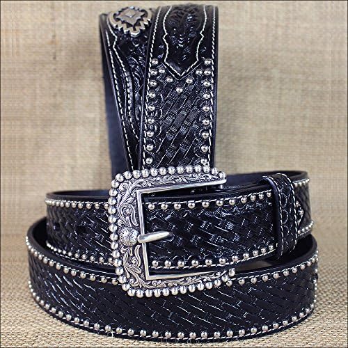 32-46 in M&F WESTERN ARIAT SANDS BLACK MENS LEATHER BELT BASKET WEAVE W/ CONCHO