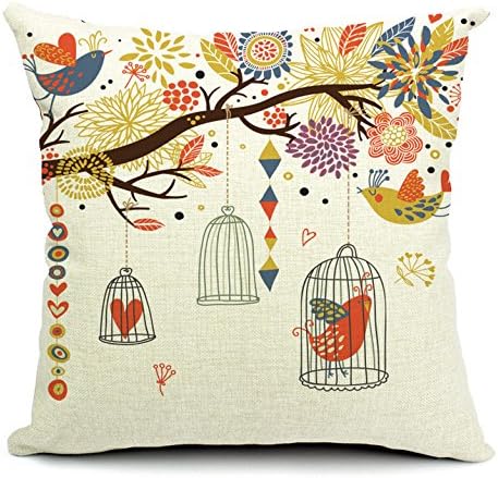 Wevda® Cotton Linen Square Decorative Throw Pillow Case Cushion Cover Bird and Birdcage 18x18 Inch