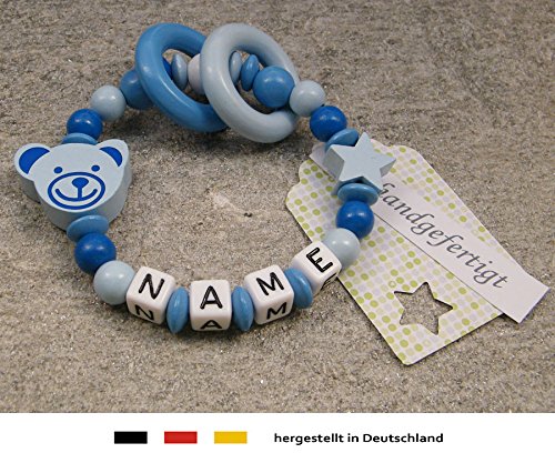 Baby Greifling Beißring geschlossen mit Namen | individuelles Holz Lernspielzeug als Geschenk zur Geburt & Taufe | Jungen Motiv Bärchen groß in blau