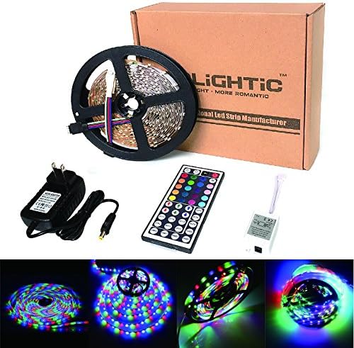 RoLightic 3528 5M 16.4Ft Led Strip Lights 300LEDs RGB Color Changing Flexible Led Light Strip Kit with 44key IR Remote Controller + 12V 2A Power Supply for Home Decorative