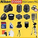 Nikon D3000 SLR Digital Camera with 3-inch LCD (Includes Manufacturer's Supplied Accessories) with 18-55mm + 55-200mm Vr Lens + Huge Accessories Package Including Wide Angle Macro Lens + 2x Telephoto + 3 Pc Filter KIT + 8gb Sdhc Memory Card + 2x Extended Life Batteries + Carrying Case + Tripod & Much More !!