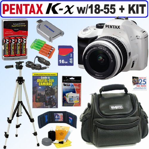 Pentax K-x 12.4 MP Digital SLR Camera (White) with 18-55mm f/3.5-5.6 AL Lens (White) + 16GB Deluxe Accessory Kit
