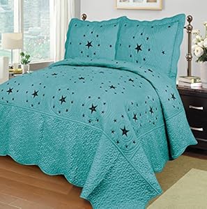 Mk Collection Turquise 3 Pc Bedspread Coverlet Embroiderey Western Lone Star Quilt Set (KIng)