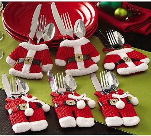 Emazon 6 Pcs Christmas Decorations Santa Suit Silverware Holders Pockets Dinner Decor