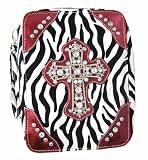 Zebra Print Bible Cover Rhinestone Cross Burgundy Trim