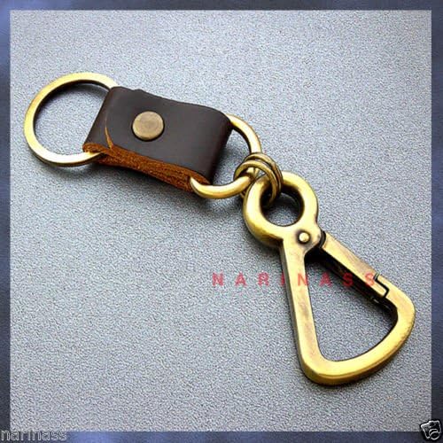 KEY CHAIN Leather&amp;Triangle Hooks Snap Carabiner Keyring {Metal Brass Tone}