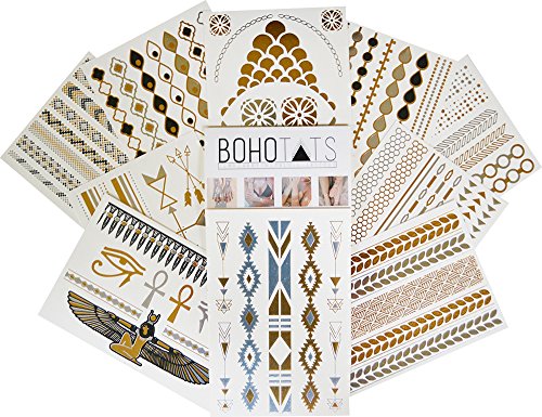 BohoTats Flash Tattoos - Set of 10 Sheets - Party Pack Edition - Over 100+ Intricate Designs - Stunning Metallic Flashtats - Non Toxic - Quality Guarantee - Temporary Metallic Tattoos