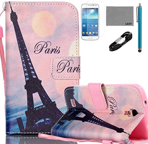 Samsung Galaxy S4 Mini i9190 Case, LEXY PU Leather Case with Credit ID Cards Holders & Stand for Samsung Galaxy S4 Mini i9190 with 9H Glass Screen Protector, V8 USB Cable and Stylus (Pink Eiffel)