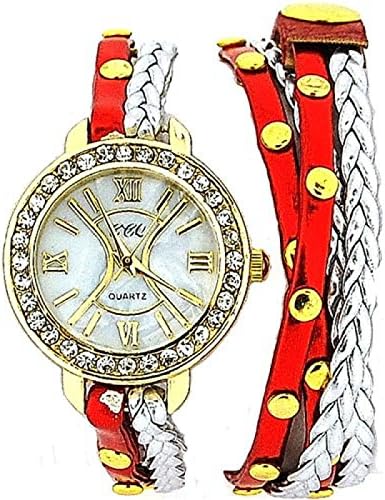 TOC Ladies Extra Long Red Metallic & Silver Plaited Stud Strap Watch SW1097