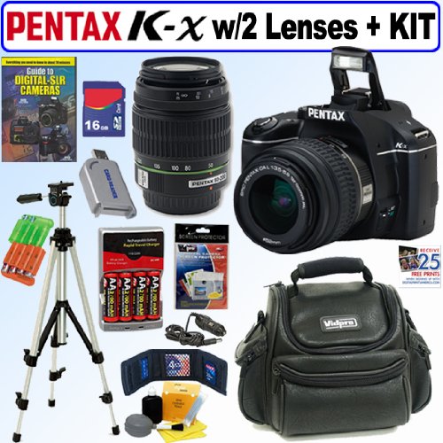Pentax K-x 12.4 MP Digital SLR Camera (Black) with 18-55mm f/3.5-5.6 AL Zoom Lens and 50-200mm f/4-5.6 SMCP-DA ED Zoom Lens + 16GB Deluxe Accessory Kit