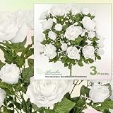 Three 26" Artificial Open Rose Silk Flower Bushes with Dew Drops _Cream White