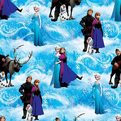 Disney Frozen Characters Scenic Blue Fabric By The Yard