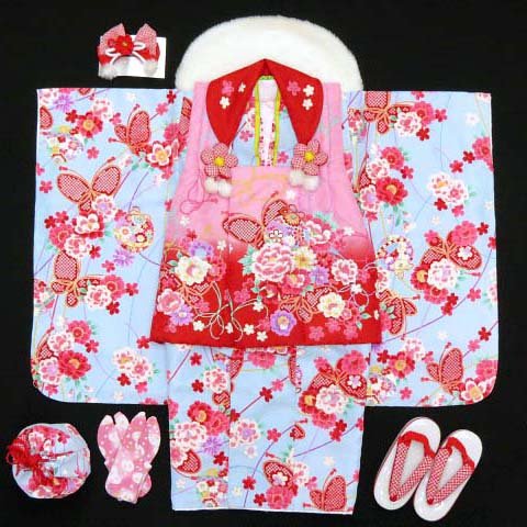 七五三着物　2012年新作 三歳ファー衿付きお祝い着物セット(合繊)【桃赤ぼかし＆水色、鈴に牡丹】　FSZ934