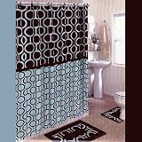 BROWN and BLUE 15-Piece Bathroom Set: 2-Rugs/Mats, 1-Fabric Shower Curtain, 12-Fabric Covered Rings. Retro/Beads/Chain/Pat...