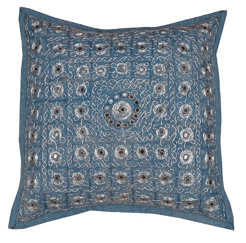 Imagen 2 de Cushion cover set con plata Zari & Size Mirror Work 16 x 16 pulgadas Juego de 2 piezas