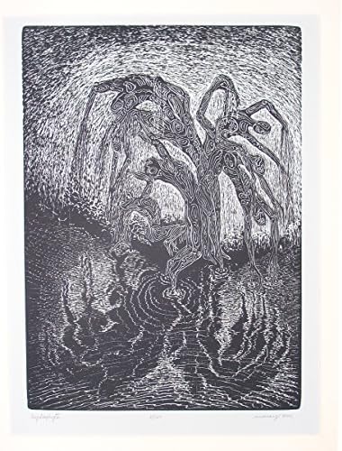 Original Wood Engraving Hydrophyte Water Loving Figures Willow Tree