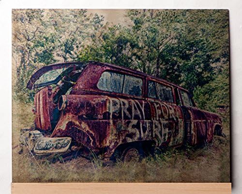 Metal Art: Vintage Car - Pray for Surf Photo Transfer Metal Artwork on Aged Aluminum 8x10