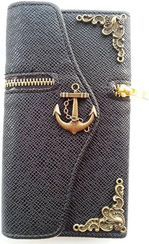 Shapotkina Punk Style Bronze Opposite Angle Samsung S5 case,ZIPPER Geometric Credit Card holder Studded Case,Studs deluxe Leather Wallet Phone Case,Galaxy S5 case Cover+Westlinke Logo Stylus (Anchor Hook)
