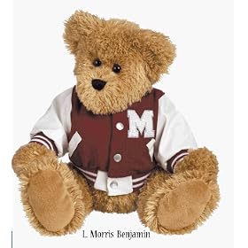 Stuffed bear named Morris in custom embroidered varsity jacket