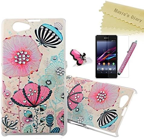 Sony Z1 Mini Case- Mavis's Diary 3D Handmade Pink and Blue Shiny Bling Printed Lotus Flower Crystal Sparkly Rhinestone Diamond Clear Hard Cover Case for Sony Xperia Z1 Compact (Z1 Mini) with Soft Clean Cloth(Package Includes:One Case&One Stylus Pen&One Dust Plug& One Screen Protector))