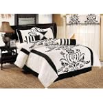 SAVE $140 - 7 Pieces White with Black Floral Flocking Comforter Set Bed-in-a-bag for Full or Double Size Bedding $59.99
