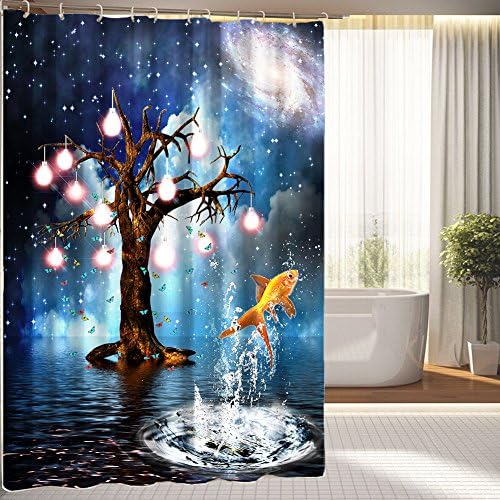 Kidswa 66 by 72 Inch Lake At Moonlight with Stars In The Sky Goldfish Polyester Shower Curtain