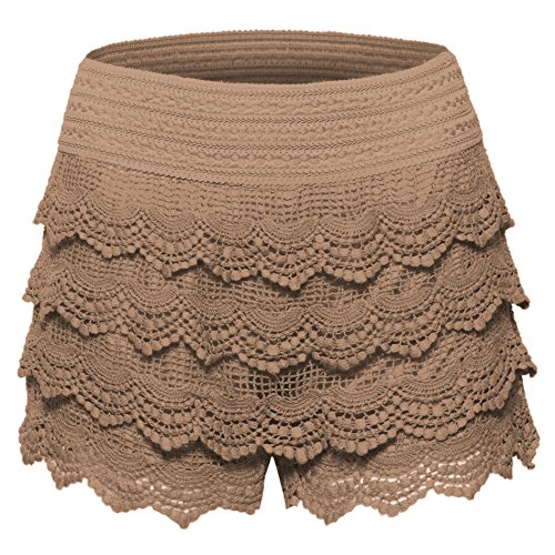 Women's Elastic Waist Tiered Crochet Lace Scallop Hem Casual Mini Shorts