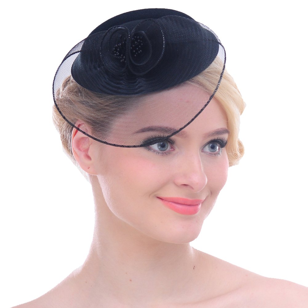 FAYBOX Vintage Mesh Net Wool Felt Pillbox Flower Women Fascinator Hat