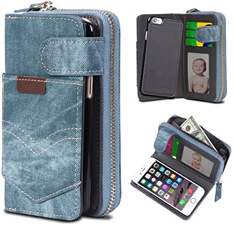 iPhone 6s Case, WINNETEK Denim PU leather iPhone 6 Wallet Case Card Holders Zipper Magnetic Closure iPhone 6 Flip Case Shockproof Drop Protection Case for Apple iPhone 6 &amp; iPhone 6s 4.7 Inch - D/Green