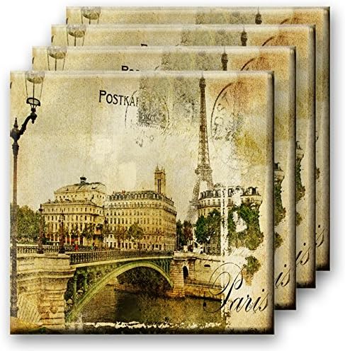 Paris Postmark Postcard Stamp Vintage 4pc Drink Coaster Art Set 4 inch Square
