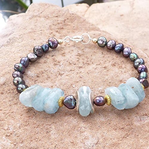 Aquamarine Stone Mystic Rainbow Freshwater Pearl Beaded Bracelet Gift for Her