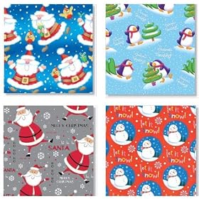 Christmas / Xmas Wrapping Paper Roll 10m X 69cm - Cute 4 PER PACK WITH 12 FOIL GIFT TAGS