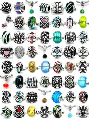 Pro Jewelry (20 Beads Mix) Pack of Assorted Silver Charms, Crystal Bead Charms, Murano Glass Beads and Spacers for European Style Bracelets. Fits Pandora, Biagi, Troll, Chamilla and Many Others