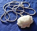 26 mm Jade Nephrite Gemstone Lotus Flower Amulet Pendant Sterling Silver Snake Chain Necklace 24"