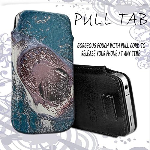 Diving World 039, Shark Jaws, Embossed Black PU Leather Ultrathin Holster Sleeve Slide In Pull Tab Pouch Case Cover Etui Wallet with Textured Motif and Elastic Pull Strap for HTC One M9.