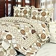 [Ramya] 100% Cotton 3PC Floral Vermicelli-Quilted Patchwork Quilt Set (Full/Queen Size)