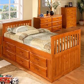 Honey Twin Rake Bed w 12 Drawers: Desk Hutch and Chair