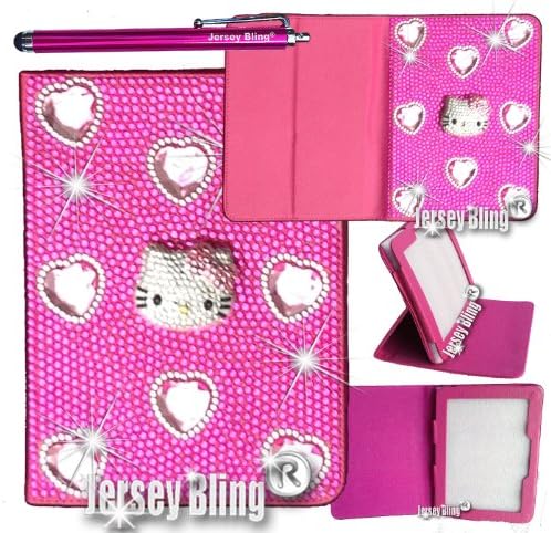 Jersey Bling® BLING Universal Kindle Fire 7" HD 1st & 2ND GEN, HDX, NON-HD, Crystal and Rhinestone Faux Leather Case with Built-In Stand, FREE Stylus (3D BLING Kitty)