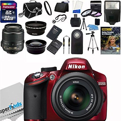 Nikon D3200 24.2 MP CMOS Digital SLR Body Red with 18-55mm f/3.5-5.6 AF-S DX VR NIKKOR Zoom Lens (Black) Import Model with Nikon 18-55mm f/3.5-5.6G AF-S DX VR Nikkor Zoom Lens + 58mm 2x Professional Lens +High Definition 58mm Wide Angle Lens + Auto Flash + 50" lightweight Tripod + UV Filter Kit With 32GB Complete Deluxe Accessory Bundle