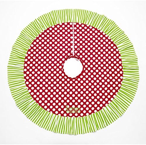 Personalized 48 Inch Red White Polka Dots and Green Stripe Ruffle Trim Christmas Tree Skirt