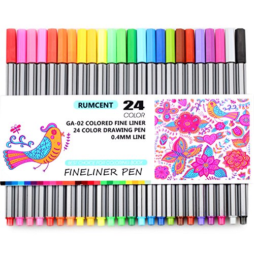 JX Rumcent GA-02 Colored Fineliner Pen,Pack of 24 Assorted Colors,Fine Point Sketch Drawing Marker Pens,Fibre Needle Tip 0.4MM