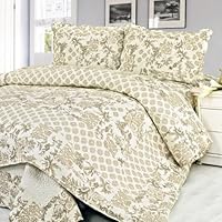 [Feronia] 100% Cotton 3PC Floral Vermicelli-Quilted Patchwork Quilt Set