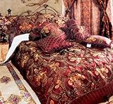 7 PC Raised Floral Motif Burgundy Jacquard COMFORTER SET / BED IN A BAG - Q ....